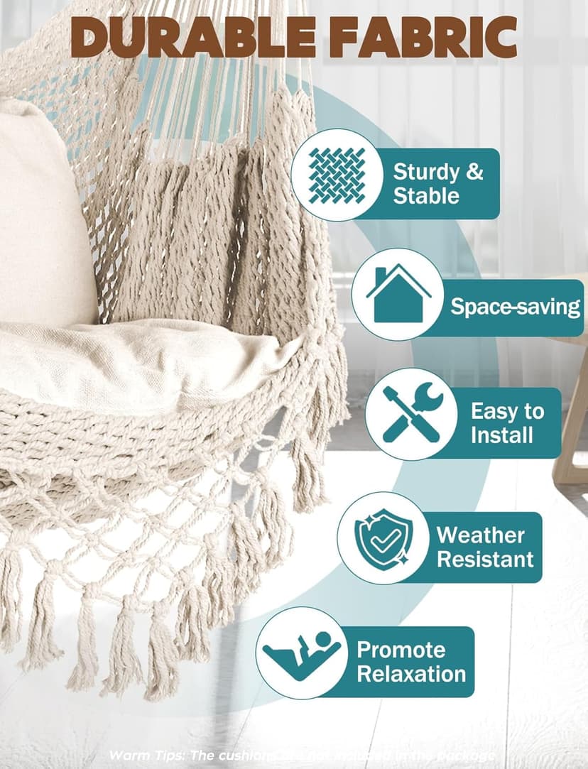 Chihee Hammock Chair Handmade Hanging Chair Cotton Rope Woven Hanging Seat Soft-Spun Large Stretch Hammock Swing, Collapsible Strong Metal Spreader Bar Elegant Macrame Comfort Indoor Outdoor Garden