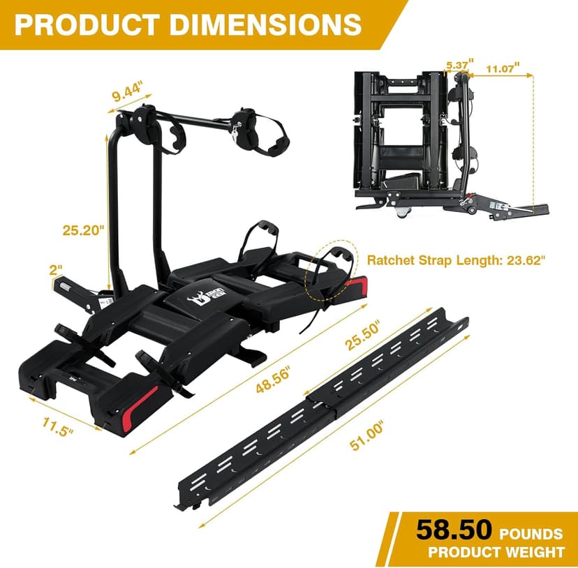 Ebike Rack with Ramp for 2 E-Bikes 200 lbs Capacity Fits 5" Fat Tire, Hitch Bike Rack for Cars SUVs Trucks with 2" Receiver, Foldable Tilting Locking No Assembly Needed E-Bike Platform Carrier