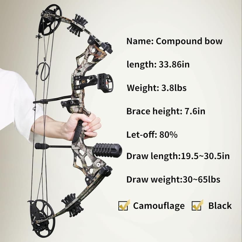 Compound Bow and Arrow Set for Adults Archery Shooting Bow Adjustable 30-65lbs Composite Bow Combination 19.5"-30" Draw Length Hunting Equipment