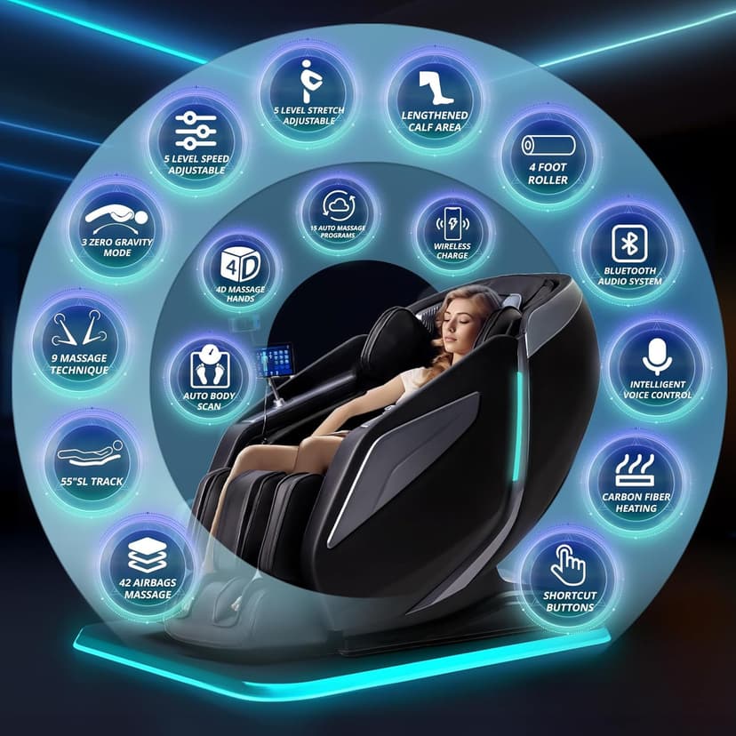 HealthRelife 4D Massage Chair Full Body Zero Gravity Recliner - 55“ SL-Track,15 Auto Modes,11 Massage Technique,40 Airbags Massage,with Yoga Stretch,APP Control,Shiatsu Foot Massage(Black)