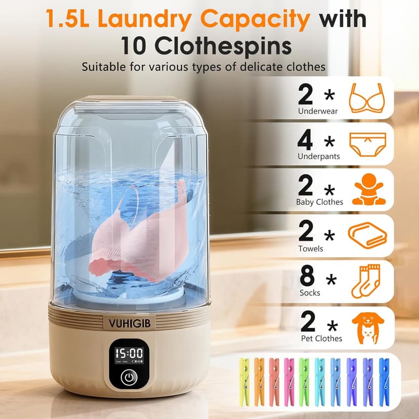 Portable Washing Machine, 7000mAh Rechargeable Wireless Washer with 10 PCS Clothespins Deep Cleans Baby Clothes Underwear Socks Delicates 1.5L Mini Washer for Travel Camping Dorm RV Apartment (Khaki)