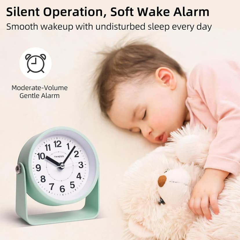 TIMESS Analog Alarm Clock, Silent Non-Ticking Quartz Movement, Battery-Operated with Snooze & On-Demand Light, Easy to Set Gentle Wake Bedside Desk Clock, Ideal for Home, Travel, Office (Green)