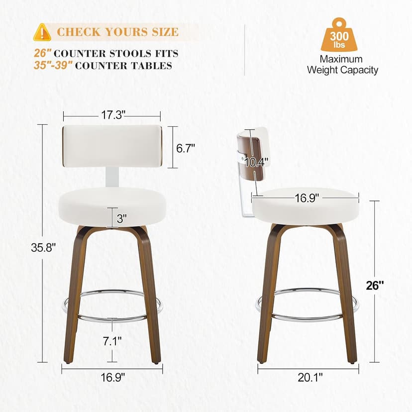 Bekrvio Swivel Counter Height Bar Stools Set of 3, Faux Leather Kitchen Stools Upholstered Barstools with Back, Walnut Wood Legs, Mid Century Island Chairs Counter Stools, 26" Seat Height, White