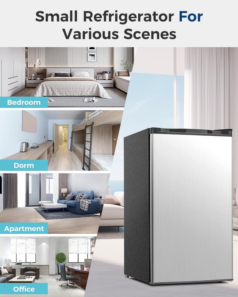 Feelfunn Mini Fridge with Freezer - 3.2 Cu.Ft Single Door Mini Refrigerator with Adjustable Thermostat, Low Noise, Energy Saving, Small Fridge for Bedroom, Apartment, Dorm, Classroom, Office - Silver