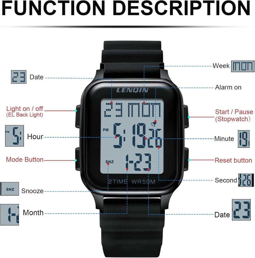 LN LENQIN Mens Digital Watch Ultra Thin Minimalist Sports Waterproof Digital Watches Men Outdoor Wrist Watch for Men with LED Backlight Timer Alarm Date