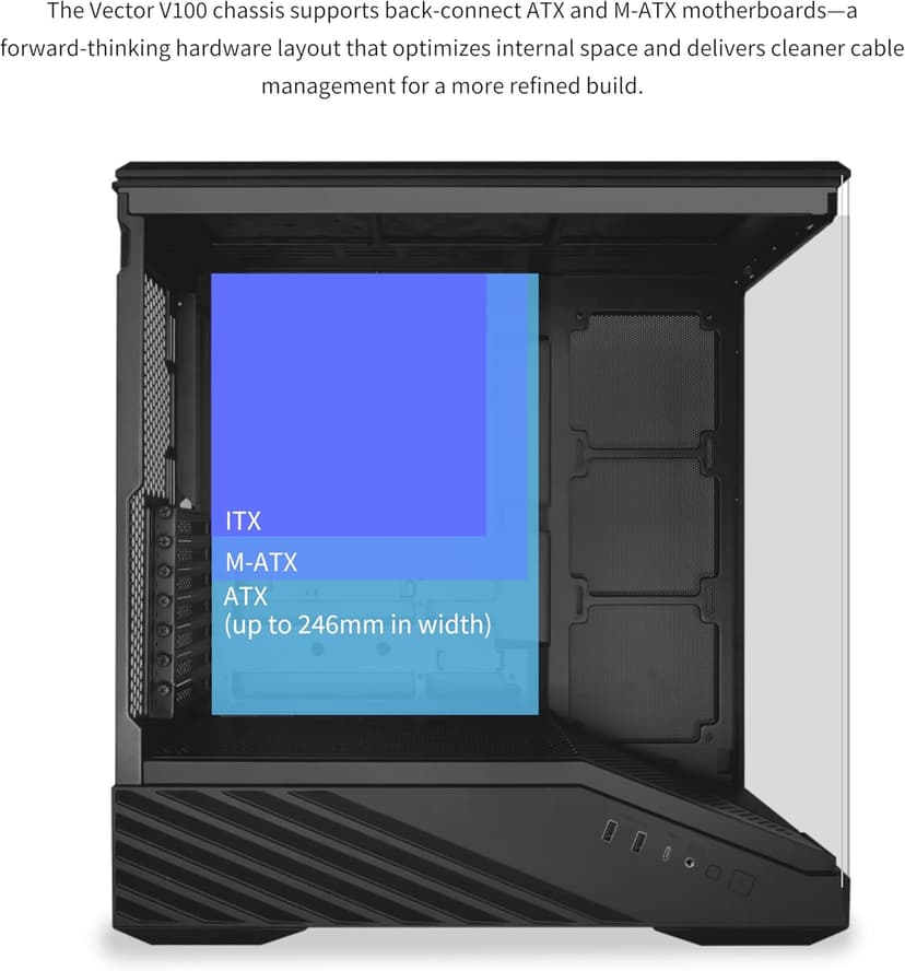 Lian Li V100 ATX Mid-Tower PC Case, 4 x 120mm ARGB PWM Fans Pre-Installed, LED RGB Strip, Display Platform with Tempered Glass, Support 420mm GPUs, 360mm Radiator, Optimized Airflow - Black (V100RX)