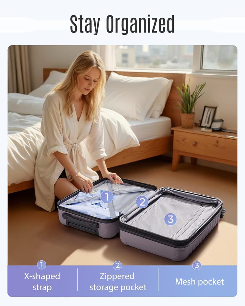 LIGHT FLIGHT Luggage Sets, 3 Piece Durable Suitcase Set with Spinner Wheels, 3 Pcs Hardside Lightweight luggage with TSA Lock, Large Checked Travel Suitcases, 20/24/28 Inch, Rose Purple