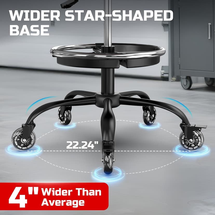 Rolling Shop Stool with Wheels, Garage Mechanic Stool Chair with Backrest, Height Adjustable Heavy Duty Swivel Task Chair, Adjustable Footrest with Storage Tray for Garage Kitchen Salon Tattoo (Black)