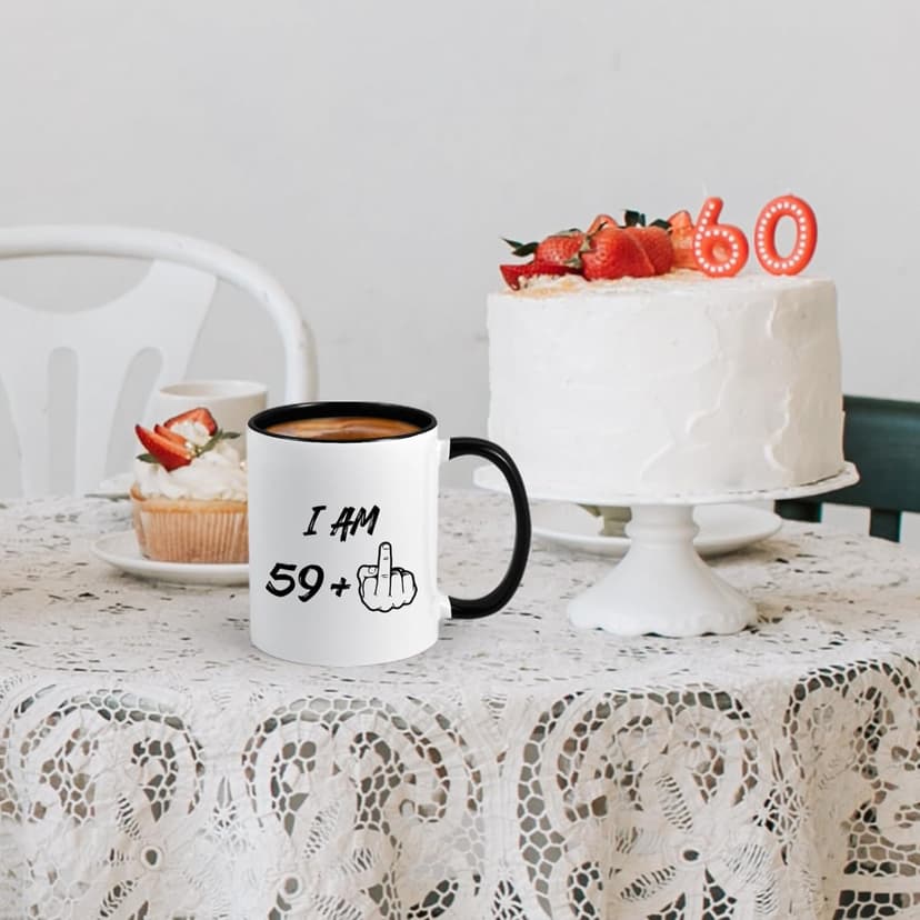 YHRJWN - 60th Birthday Gifts for Men Women, I Am 59 Plus Middle Finger Coffee Mug for Dad Mom Friends, Birthday Gift Ideas for 60 Year Old Woman, White 11 Oz Mug with Black Handle