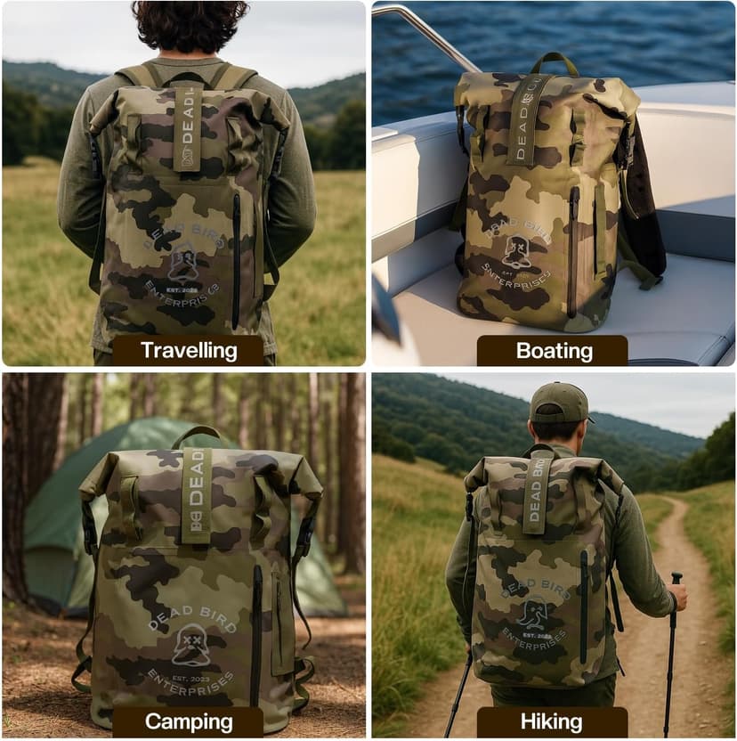 Dead Bird Enterprises Roll Top Waterproof Backpack, 25L Camouflage Pattern Dry Bag with MOLLE Loops and Adjustable Straps, WaterTight Duck Hunting Backpack for Camping, Hiking and Outdoor Travel
