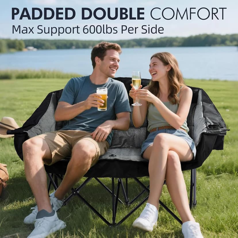 Double Camping Chair Loveseat - 2 Person Oversized Camping Couch for Adults Padded Heavy Duty Outdoor Lawn Beach Portable Folding Chairs with Cup Holders and Carry Bag Support 600lbs, Black/Grey