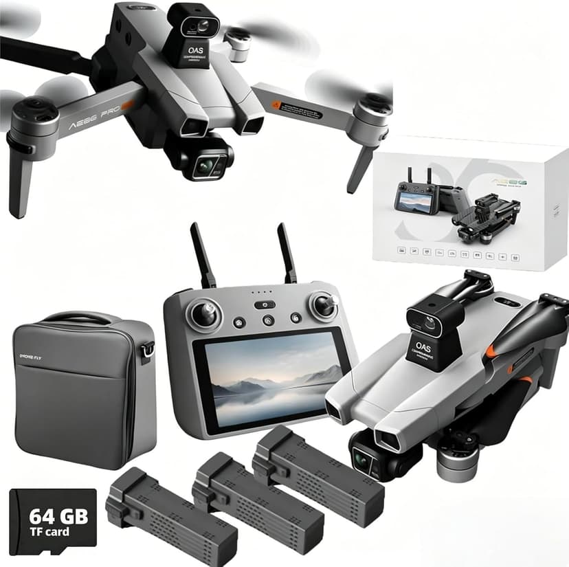 AE86ProMax+Drones with Camera for Adults 4K Video,Touch Screen Tablet Remote and 3-Axis Mechanical Gimbal, 5G Digital Transmission, 360° Laser Obstacle Avoidance, GPS Auto Return,Three 8000mAh 45 Mins Long Endurance, 500g Payload, Smart Follow Waypoint Flight Foldable Quadcopter, Up to 5 Miles Range (Grey) 3 Batteries + 64GB TF Card Bundle)