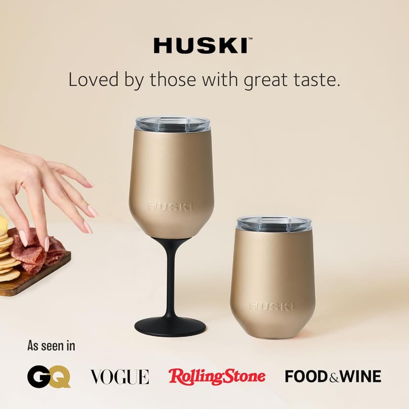 Huski Wine Tumbler 2.0 | NEW | Award-winning Design with Detachable Stem | Premium Stainless Steel Wine Glass with Lid | Triple Insulated Tumbler | 12oz Capacity | Great Gift (Champagne)