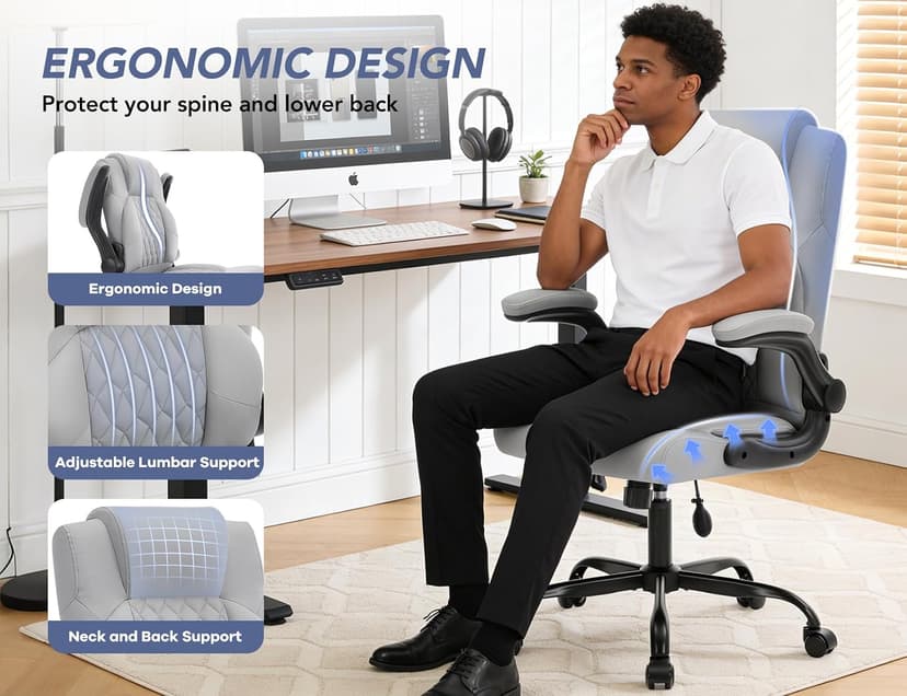 Office Chair with Adjustable Inflatable Lumbar Support,Leather Ergonomic Computer Desk Chair with Flip-up Arms,Adjustable Tilt Lock,Swivel Rolling Executive PC Chair for Work,Study,Meeting.Grey