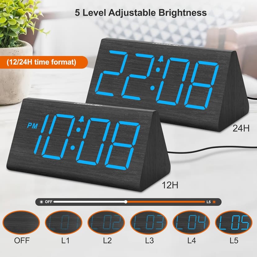 DreamSky Wooden Digital Alarm Clocks for Bedrooms - Electric Desk Clock with Large Numbers, USB Port, Loud Alarm for Heavy Sleepers, Adjustable Volume, Dimmer, DST, Wood Décor Gifts, Adapter Powered