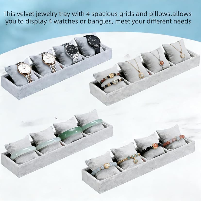 APZDFGIFCD APZDFGIFCD Jewelry Watch Tray, 4 Grids Grey Velvet Watch Jewelry Organizer, Watch Bracelet Bangle Display Holder, Adjustable Pillows