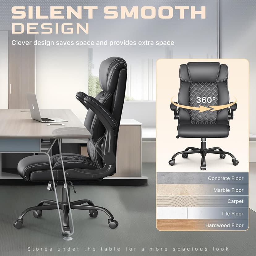 Office Chair-Executive High Back Breathable Big and Tall Office Chair Flip-up Armrests Lumbar Support-Ergonomic Leather Rolling Swivel Chair with Rock Function for Working Studying Gaming,Black