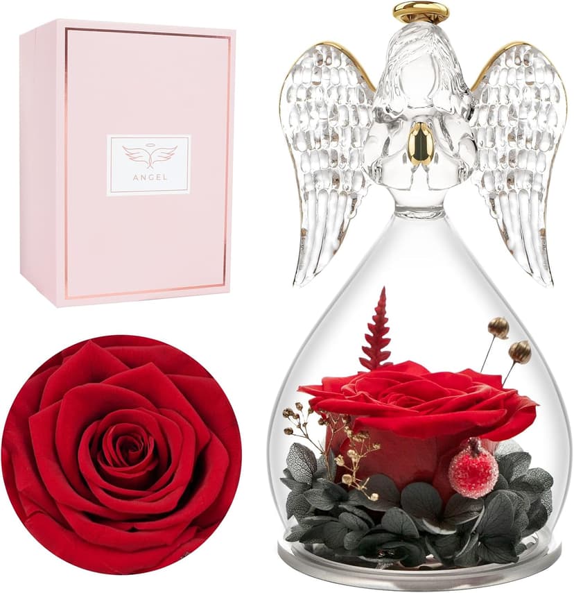 Miofula Preserved Flower Rose Birthday Gifts for Mom, Angel Figurines with Forever Real Rose Gifts for Her Mom Grandma, Unique Angels Gifts for Mothers Day Christmas Anniversary Birthday (Red)