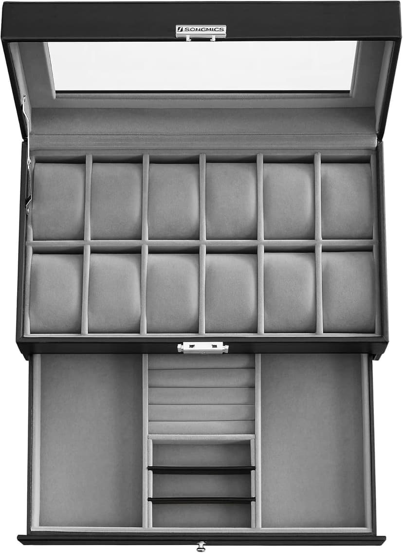 SONGMICS SONGMICS Watch Box, 12-Slot Watch Case Organizer with Large Glass Lid, 2 Layers, Removable Pillows, Metal Lock, Gift for Loved Ones, Black Synthetic Leather, Gray Lining UJWB012