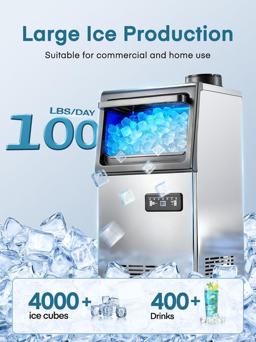 Commercial Ice Maker Machine, 100LBS/24H Freestanding & Undercounter Ice Machine with 2 Water Inlets, 40 PCS/Cycle and 24LBS Storage Bin, Stainless Steel, LED Display & Self-Cleaning for Home Bar