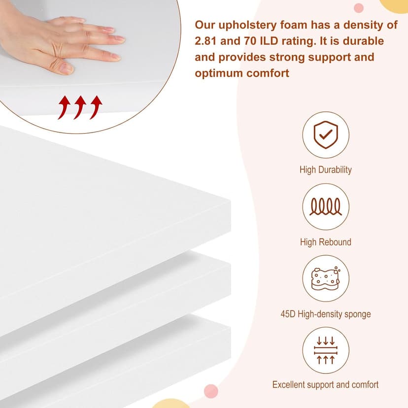 High Density Upholstery Foam 2" X 24" X 24", 3PCS Couch Cushion Replacement - 45D Density 70 ILD (Firm), Square Foam Padding for Chairs, Cut to Size Foam Replacement Cushion for Sofa Chair Bench