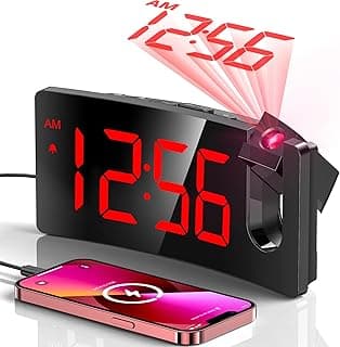 GOLOZA Projection Alarm Clock, Digital Clock with Modern Curved Design 180° Rotatable Projector, 3-Level Brightness Dimmer, Clear Red LED Display, Progressive Volume, 9mins Snooze,12/24H, for Bedroom
