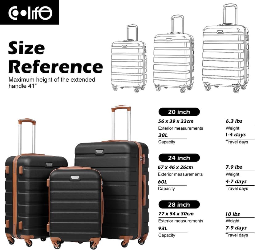 Coolife Luggage 3 Piece Set Suitcase Spinner Hardshell Lightweight TSA Lock