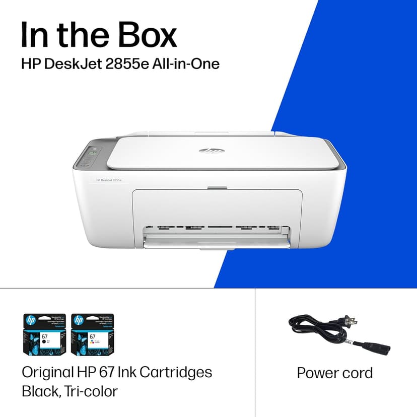 HP DeskJet 2855e Wireless All-in-One Color Inkjet Printer, Scanner, Copier, Best-for-home, 3 months of Instant Ink included, Single-band Wi-Fi connectivity (588S5A)