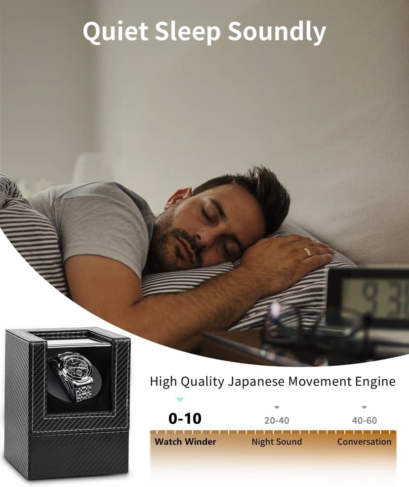 UnaMela Watch Winder for Automatic Watches: Automatic Single Watch Winder Box, Rotating Watch Case in Black Carbon Fiber Leather, Watch Rotator with Japanese Quiet Motor, Battery Powered or AC Adapter