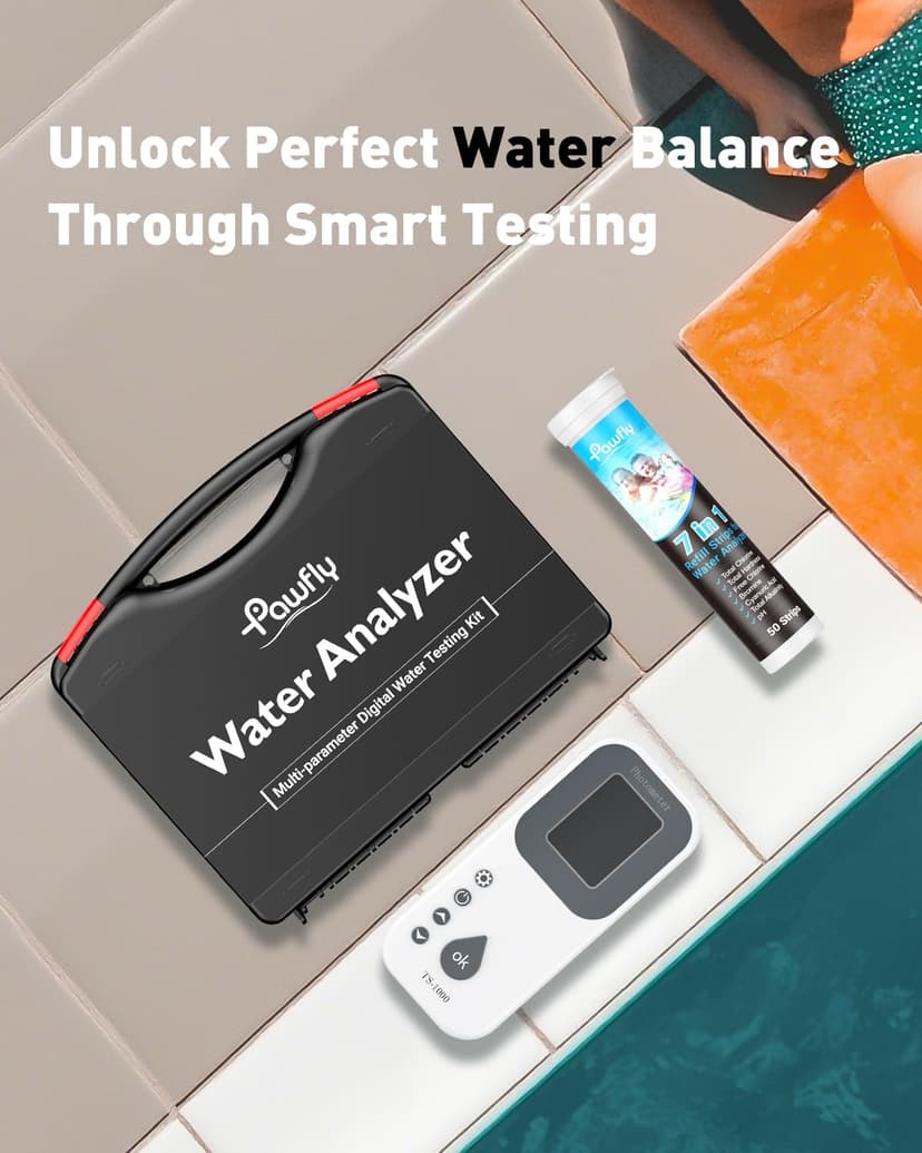Pawfly 7 in 1 Digital Water Testing Kit, 50 Strips Hot Tub Test Kit, Digital Pool Water Tester for pH, Total Hardness, Total Chlorine, Free Chlorine, Total Alkalinity, Cyanuric Acid & Bromine