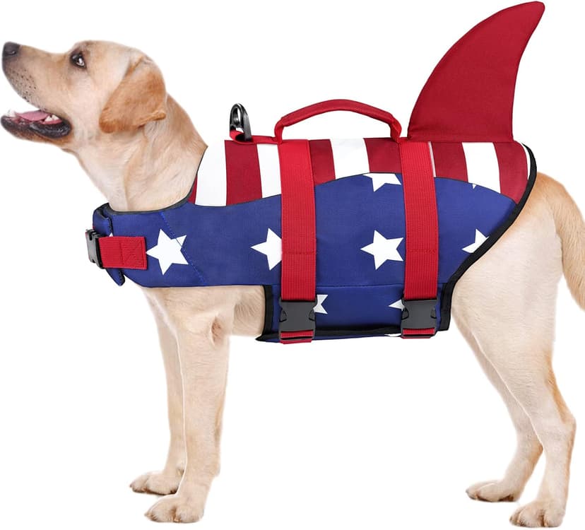 Malier Dog Life Jacket, High Buoyancy Shark Swimsuit, Ripstop American Flag, Medium, Red & Dark Blue