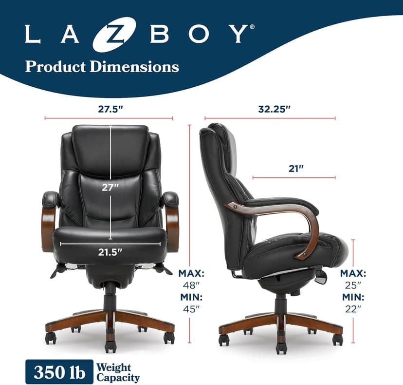 La-Z-Boy Delano Big and Tall Executive Office Chair - Ergonomic Lumbar Support Memory Foam - Bonded Leather Desk Chair for Home Office - Mahogany Wood Arms - Black