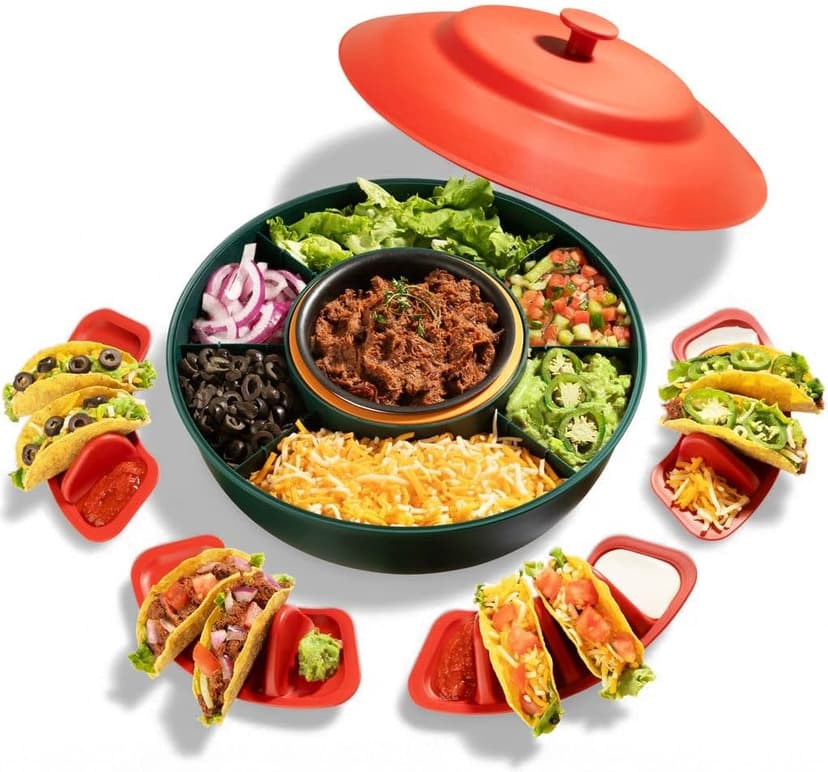 Taco Tuesday Kit - Taco Bar Serving Set for a Party - 30oz Heated Pot, 4 Taco Holders, & Detachable Lazy Susan Tray - Taco Night Fiesta – Unique Couple & Housewarming Gift Set Ideas