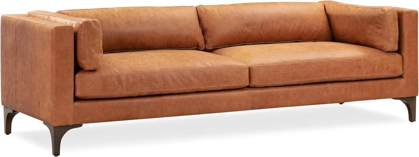 POLY & BARK Argan 93” Leather Sofa – Full-Grain Italian Aniline Leather, Feather-Down Comfort, Solid Wood Frame – Cognac Tan