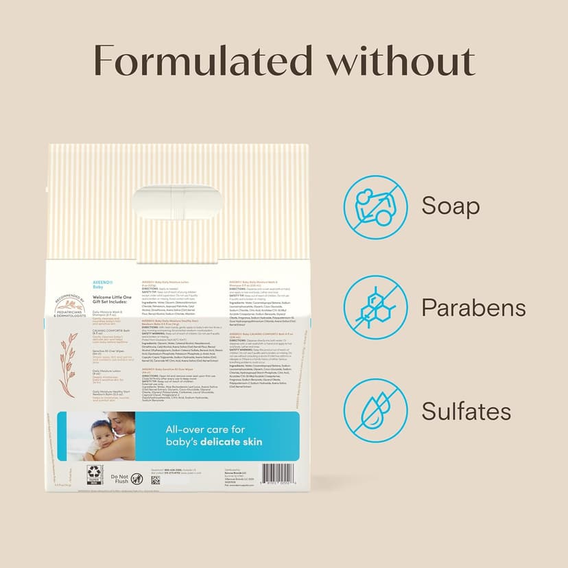 Daily Moisture Baby Body Wash and Shampoo, Calming Comfort Bath, Sensitive All Over Wipes, Moisturizing Lotion, Baby Balm Aveeno Baby Welcome Little One Gift Set, Baby Essentials Set, 5 Items B0B3SCY69X