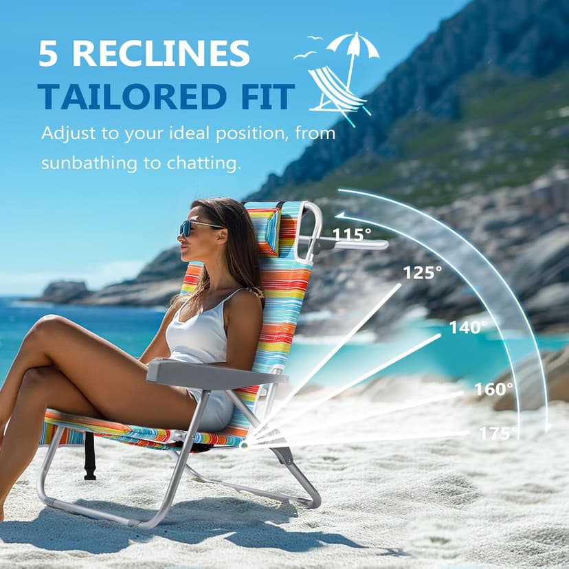 PASAMIC Backpack Beach Chair for Adults Portable, Lay Flat Reclining Beach Chair with 5 Positions, Tall Heavy Duty Folding Chairs with Cup Holder, Cooler Pouch, Towel Bar, Multicolor Stripe