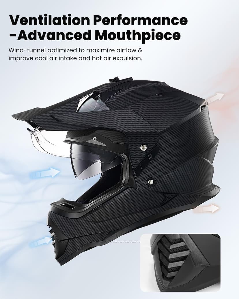 ILM Dual Sport Adventure Motorcycle Helmet with Pinlock Compatible Sun Visor Snowmobile ATV Dirt Bike Off Road Casco Model WS902 (Carbon Fiber, L)