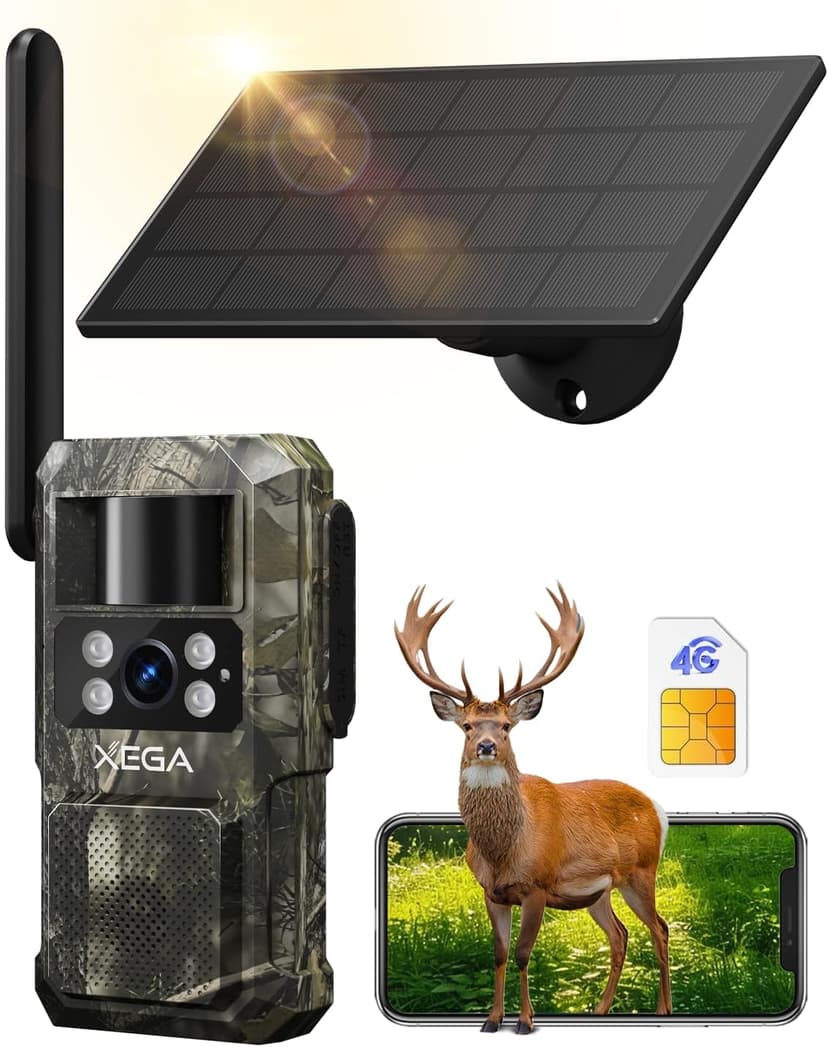 Xega 4G LTE Cellular Trail Camera with Livestreaming, No WiFi Game/Deer Cameras, Motion Activated, 7800mAh Battery, 950nm No Glow Night Vision, TF/Cloud Storage, IP66 Weatherproof, Built-in SIM Card