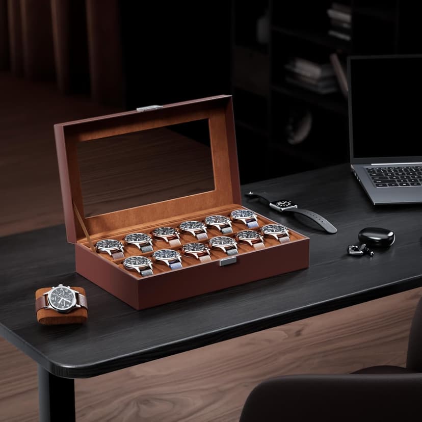 ProCase ProCase Watch Box Organizer, 12 Slot Watch Display Case With Glass Lid, Watch Storage Holder Mens Watch Case, Anniversary Birthday Valentine Gifts for Men Women -12 Slot, Brown