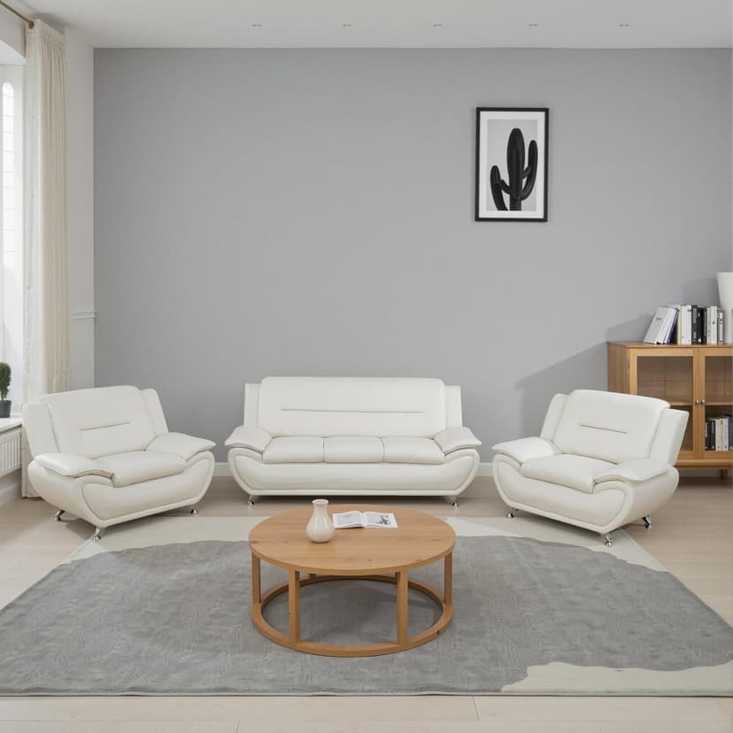 Leather Sofa Set for Living Room 3 Piece Living Room Furniture Set Modern Couch Set with 3-Seater Sofa, Loveseat and Armchair (Cream White)