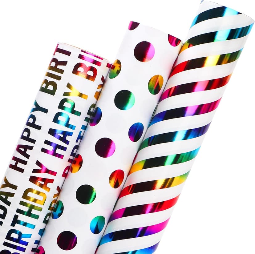 Ribbli Birthday Wrapping Paper Iridescent Gift Wrapping Paper Mini Roll, 3 Rolls Happy Birthday Polka Dots Stripes Printed Assortment - 17 inch x 120 inch(10feet) Per Roll B0CBRVLFSY