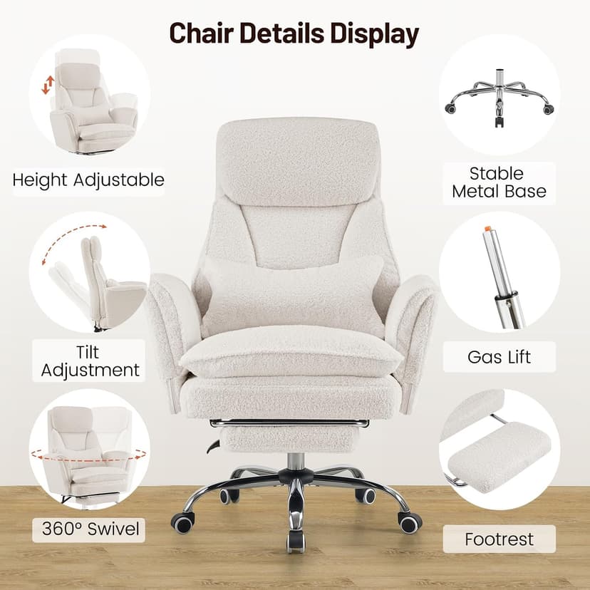 Furniliving Criss Cross Office Chair with Armrests & Wheels, Big and Tall Office Chair with Footrest, Flip Armrests for Pets, Wide Seat Cross Legged Desk Chair, Ergonomic Computer Chair, Teddy, White