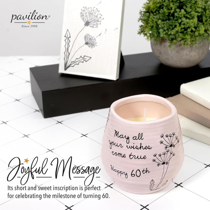 Pavilion - 8 Oz Candle Holder - Pink Ceramic Candle Jar with 100% Soy Wax Candle Serenity Scent "May all your wishes come true Happy 60th" Ideal Gift for Loved Ones - Printed Text, Love Theme & Oval