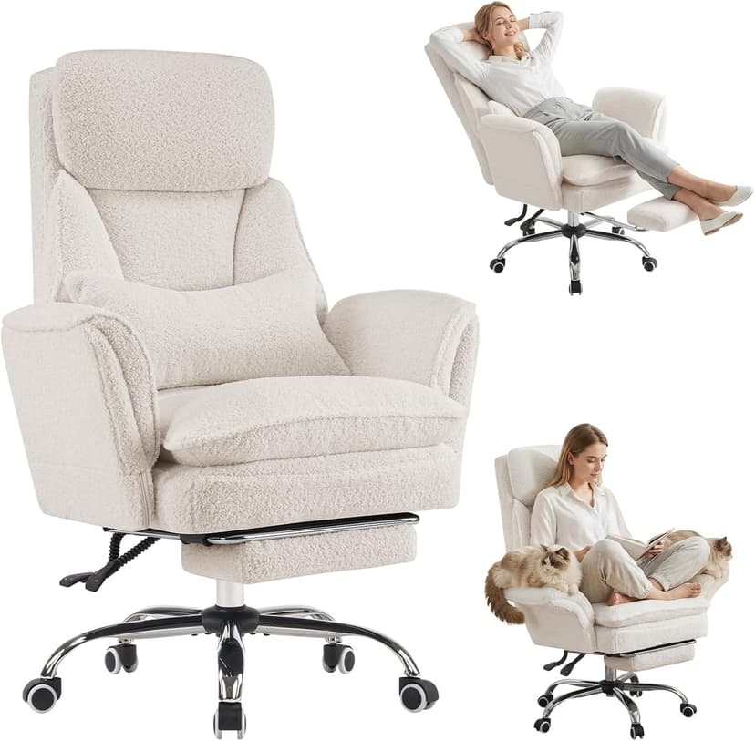 Furniliving Criss Cross Office Chair with Armrests & Wheels, Big and Tall Office Chair with Footrest, Flip Armrests for Pets, Wide Seat Cross Legged Desk Chair, Ergonomic Computer Chair, Teddy, White