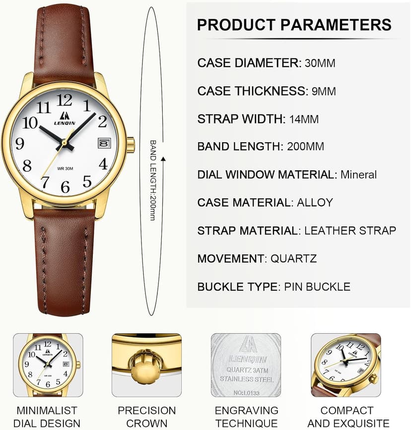 LN LENQIN Ladies Watches Analog Quartz Watch for Women Waterproof Women's Wrist Watches Easy Reader Womens Watch with Leather Strap