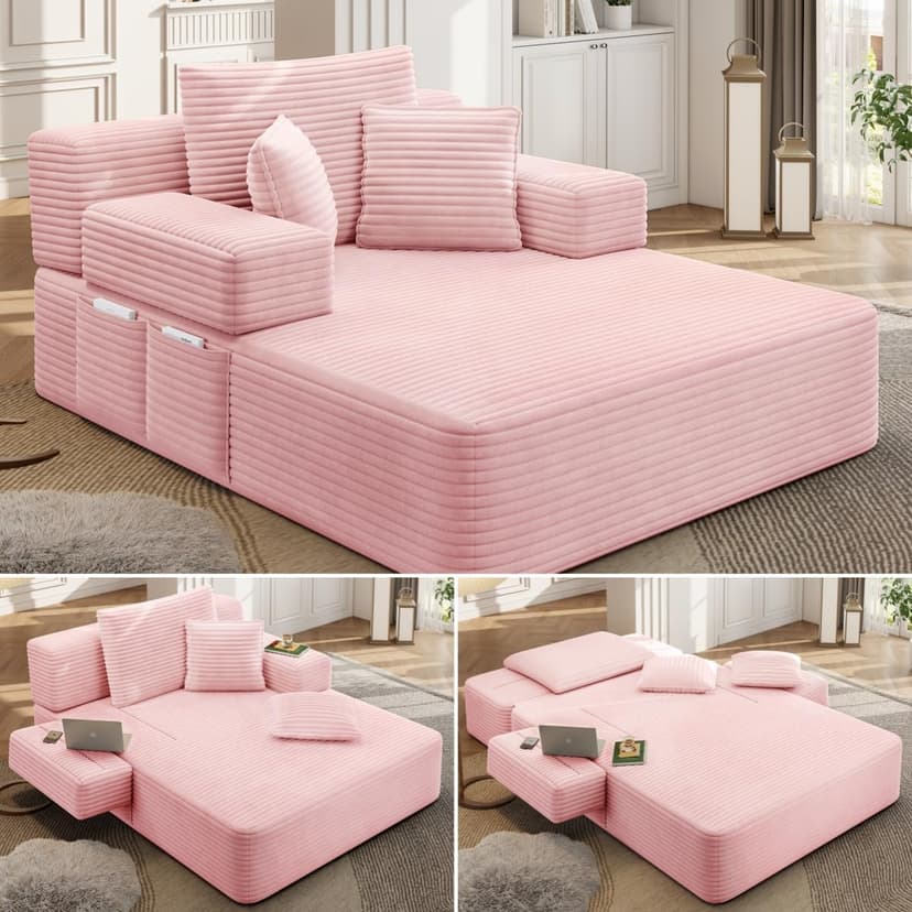 2 in 1 Corduroy Chaise Lounge Chair Indoor, 60'' Oversized Boneless Sofa Chaise Lounge with Pocket, Plush Cozy Deep Seat Couch Chair for Living Room, Bedroom, Small Spaces, RV (Pink)