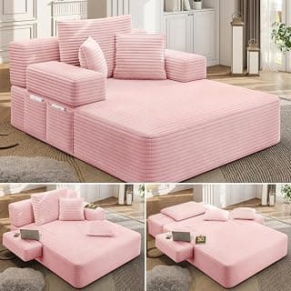 2 in 1 Corduroy Chaise Lounge Chair Indoor, 60'' Oversized Boneless Sofa Chaise Lounge with Pocket, Plush Cozy Deep Seat Couch Chair for Living Room, Bedroom, Small Spaces, RV (Pink)