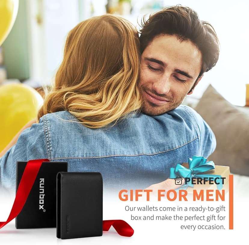 RUNBOX Genuine Leather Wallet for Men 12 Cards Mens Wallet Bifold Rfid Blocking with 2 ID Windows Card Holder Wallet with Gift Box
