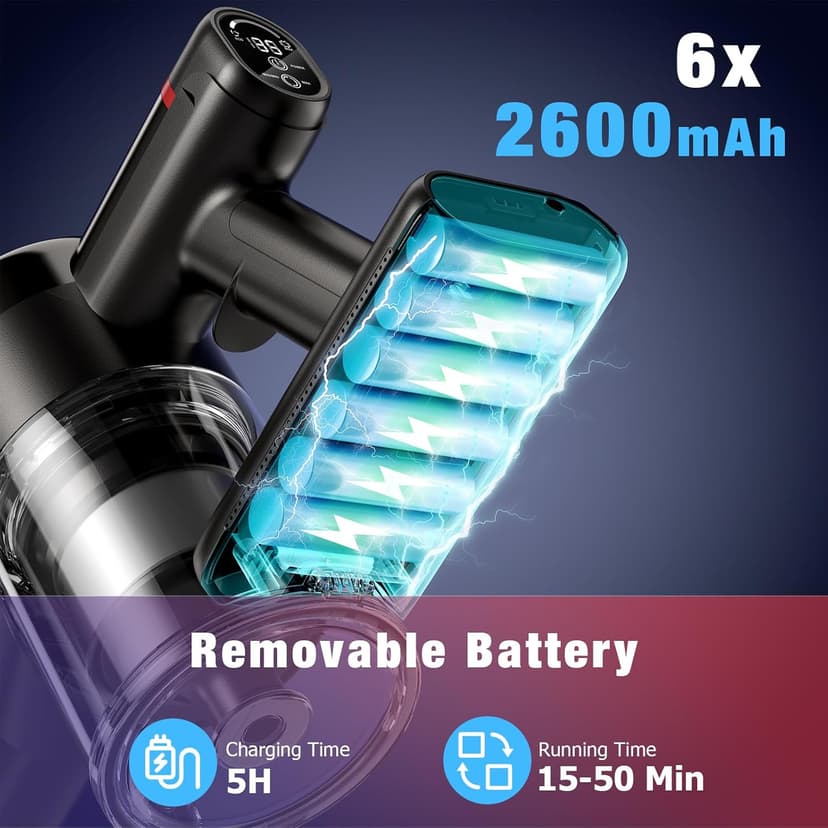 Cordless Vacuum Cleaner, 450W/40Kpa Stick Vacuum with Powerful Suction, 50Min Vacuum Cleaner for Home, Anti-tangle and 1L Dust Cup, 8 in 1 Lightweight Vacuum for Hardwood Floor Carpet Pet Hair