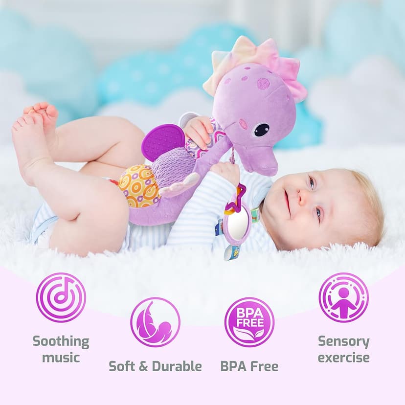 Multi-Sensory Seahorses Toys with Crinkle, Rattle and Textures, for Tummy Time Newborn 0-3-6-12 Months Girls Gifts - Purple Sumobaby Baby Toys Musical Stuffed Animal Activity Soft Toys with Mirror B0FSKSCRGH